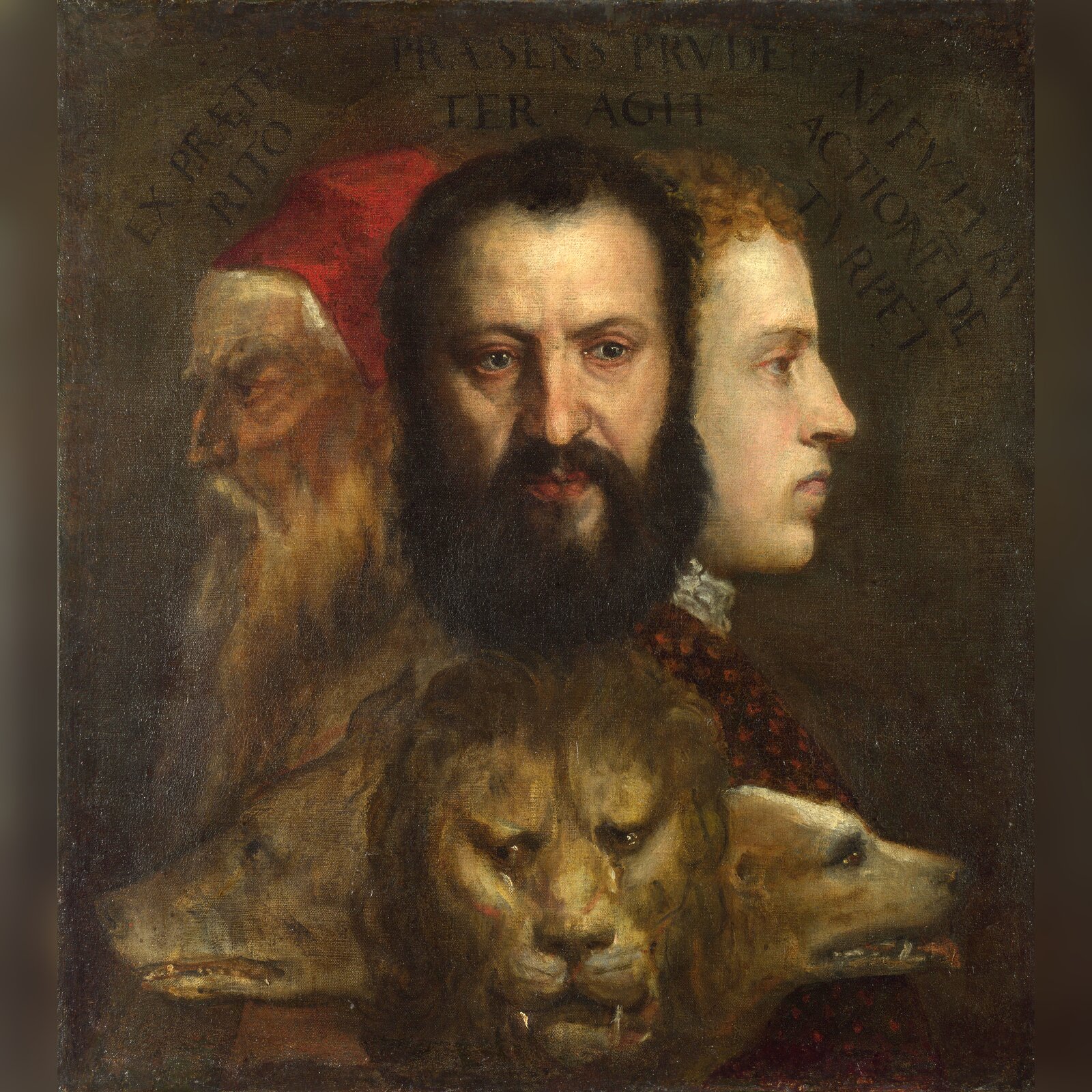 Obraz przedstawia twarze trzech mężczyzn. Po lewej stronie ukazany jest lewy profil brodatego starca w czepcu na głowie. Pod nim znajduje się łeb niedźwiedzia. Pośrodku ukazana jest twarz ciemnowłosego, dojrzałego, brodatego mężczyzny. Pod nią znajduje się głowa lwa. Po prawej stronie ukazany jest prawy profil młodego mężczyzny. Pod nim ukazana jest głowa wilka.