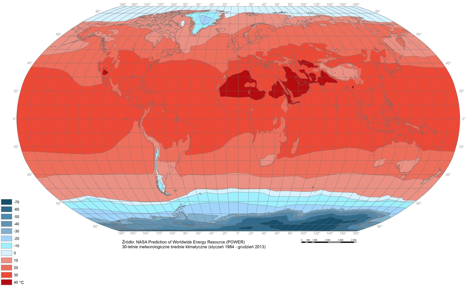 Mapa świata przedstawia rozkład izoterm. Najwyższe wartości około 40 stopni Celsjusza występują w zachodniej i wschodniej Afryce oraz na Półwyspie Arabskim. Najniższe wartości około minus 70 stopni Celsjusza występują na Antarktydzie.