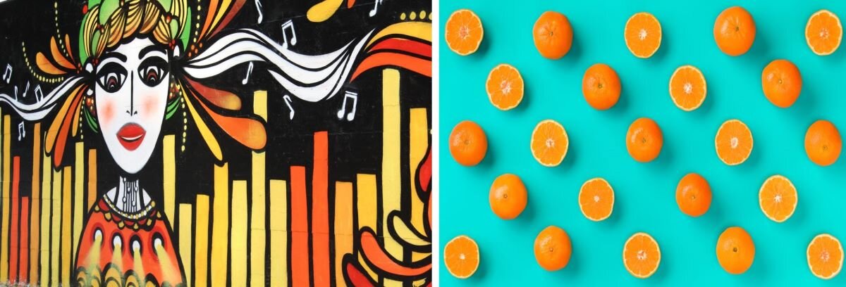 Ilustracja składa się w dwóch połączonych ze sobą fotografii: z lewej wielobarwny projekt street art przedstawiający portret młodej dziewczyny na tle częściowo czarnym oraz częściowo składającym się z pionowych wąskich pasów, w ciepłych kolorach. Wszystko jest obwiedzione jednolitym czarnym konturem, Z prawej - na jednolitym tle znajdują się pomarańcze w jednakowej odległości, ułożone w kilku ukośnych rzędach równoległych względem siebie. Część pomarańczy jest przekrojonych na pół.