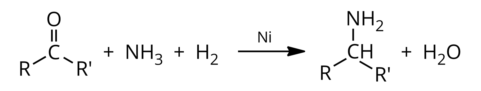 Na ilustracji jest równanie reakcji: atom wodoru połączony wiązaniem podwójnym z atomem tlenu oraz wiązaniami pojedynczymi z grupami R i R prim dodać cząsteczka amoniaku dodać cząsteczka wodoru, strzałka w prawo, nad strzałką Ni, powstaje związek o wzorze: do grupy CH przyłączone wiązaniami pojedynczymi R, R prim i grupa aminowa dodać cząsteczka wody. 