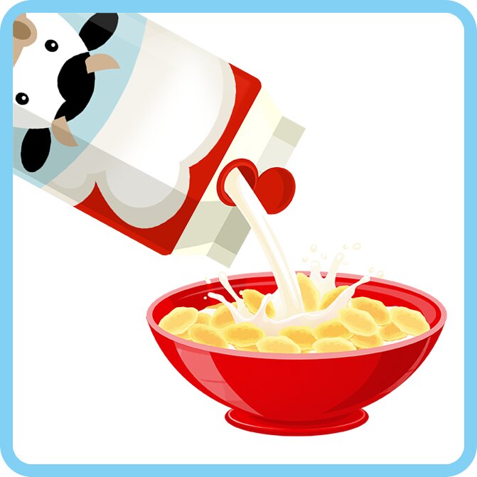Ilustracja przedstawia miskę z płatkami, do której wlewane jest mleko 