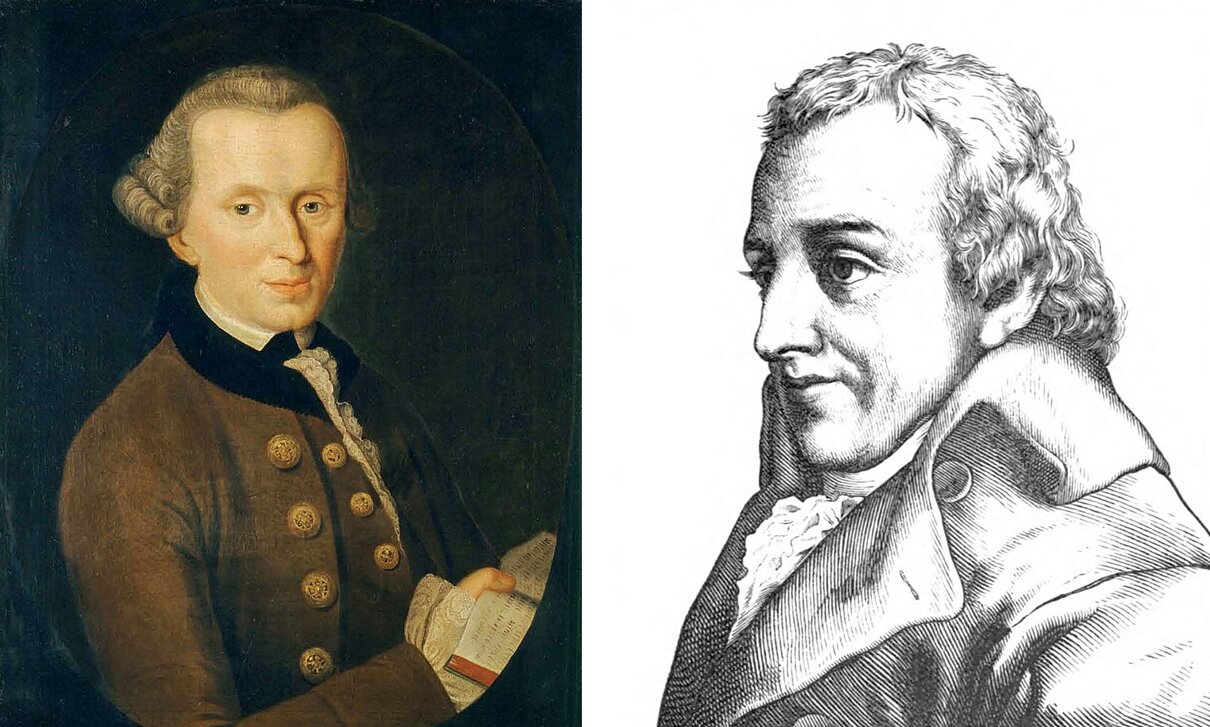 Ilustracja składa się z dwóch obrazów. Pierwszy obraz przedstawia portret dojrzałego mężczyzny. Mężczyzna ma pociągłą twarz. Jego włosy są ufryzowane. Nad uszami ułożone w dwa loki. Mężczyzna ubrany jest w surdut, kamizelkę i koszulę z haftowanymi falbanami na piersi i przy mankietach. W prawej ręce trzyma otwartą książkę. Drugi obraz przedstawia portret mężczyzny w średnim wieku. Mężczyzna ukazany jest lewym półprofilem. Ma proste, krótkie włosy, wysokie czoło. Jego nos jest wydatny. Widać wyraźnie zaznaczone bruzdy wokół ust. 