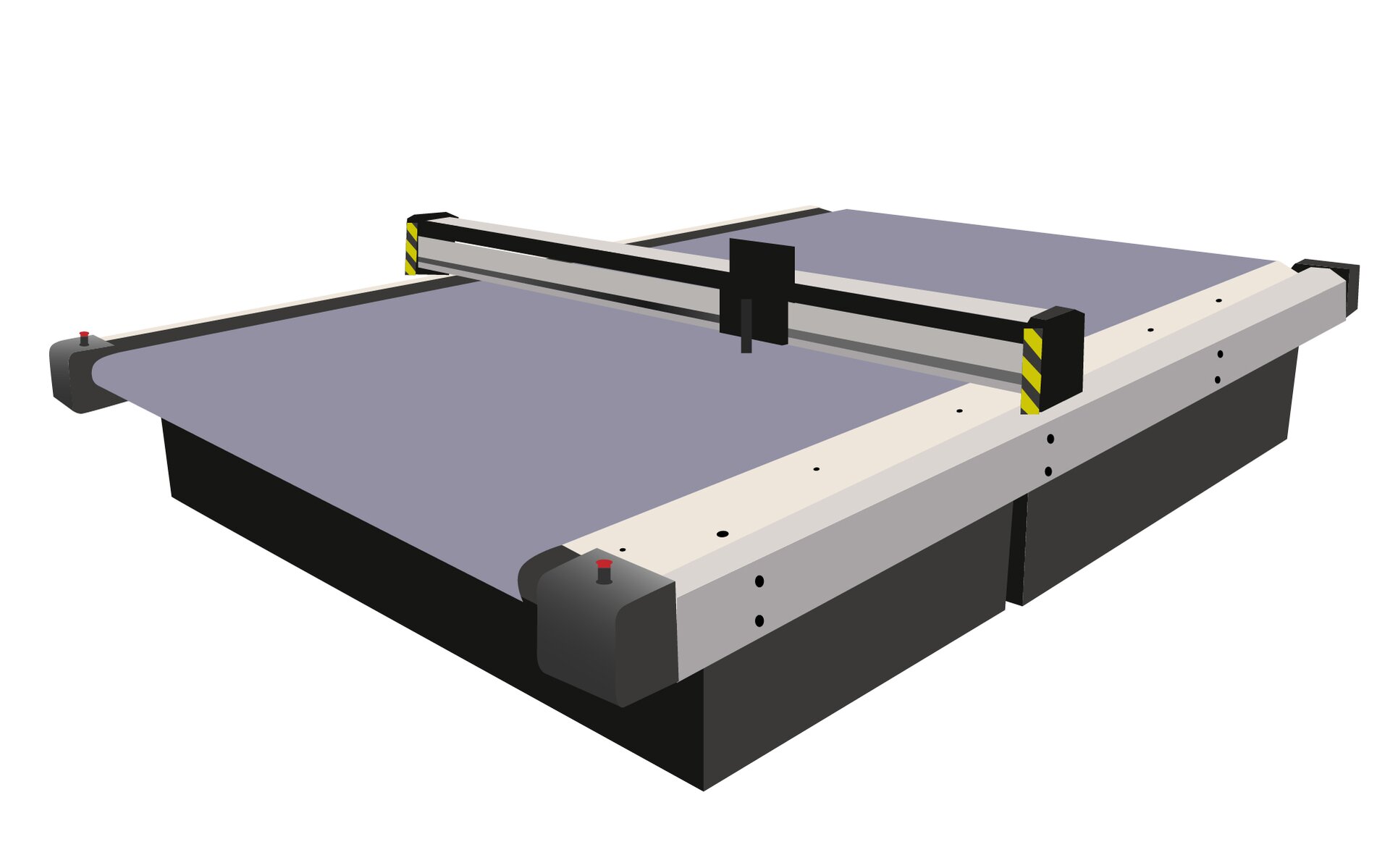 Fotografia przedstawia ploter tnący płaski. Podstawa urządzenia jest w kształcie prostopadłościanu o ciemnym kolorze. Na niej znajduje się płaski obszar roboczy w kształcie prostokąta. Po bokach urządzenia znajdują się szyny po których możliwy jest ruch ramienia z ruchomym nożem tnącym.