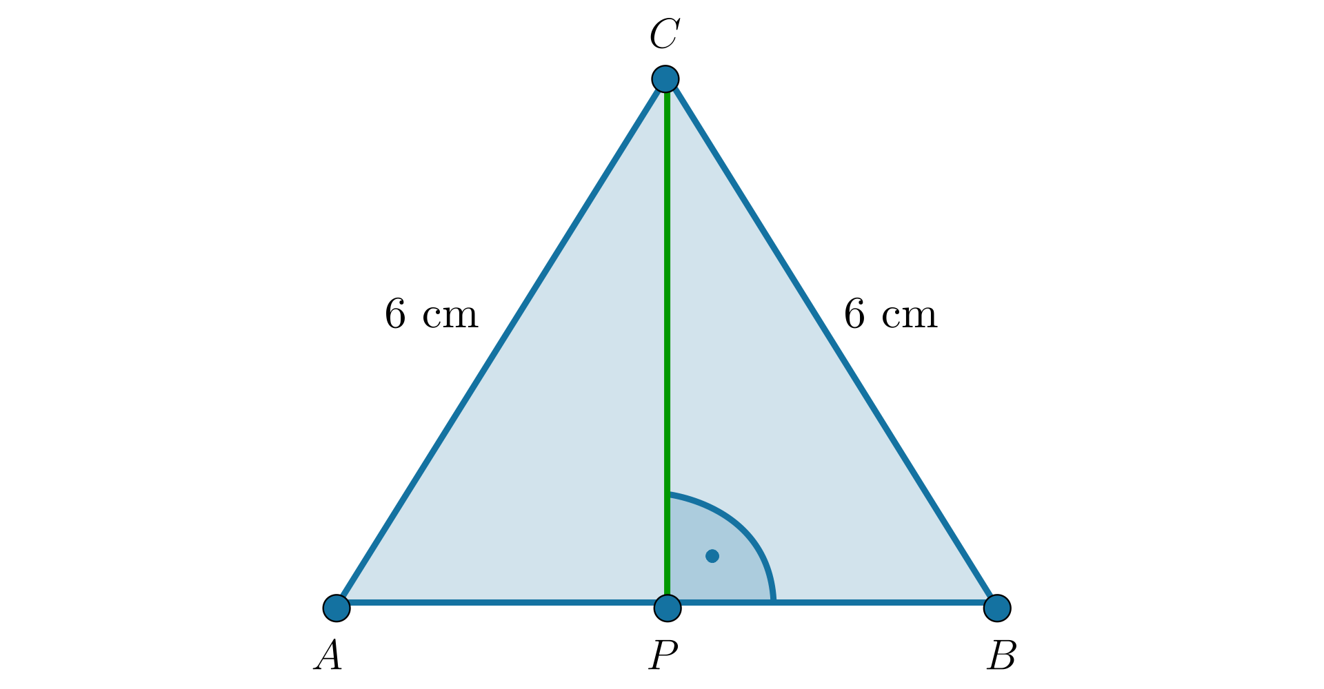 Na ilustracji przedstawiono trójkąt równoboczny A B C, o długości boku sześć centymetrów. Z wierzchołka C opuszczono wysokość trójkąta do punktu P, leżącego na podstawie A B trójkąta.