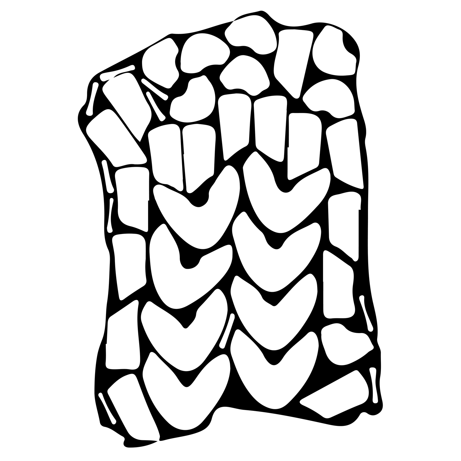 Na rysunku pokazane jest wzorcowe ułożenie elementów cholewek na kruponie skóry świńskiej. Widoczny nieregularny prostokątny kształt. Na środku skóry znajdują się przyszwy ułożone w dwóch pionowych rzędach i leżące równolegle. Po bokach skóry, też w rzędach pionowych, znajdują się obłożyny i paski. W górnej części skóry znajdują się pozostałe elementy cholewki.