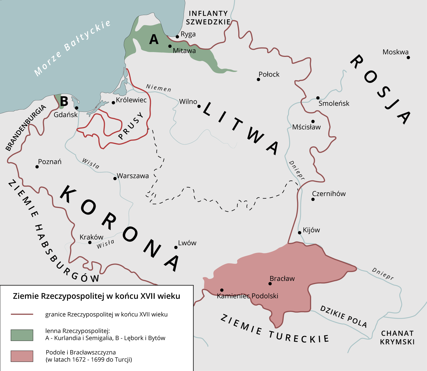 Mapa przedstawia ziemie Rzeczypospolitej w końcu XVII wieku. Granica Rzeczypospolitej w końcu XVII wieku obejmowała Koronę oraz Litwę. Rzeczpospolita od południa i zachodu graniczy z Ziemiami Habsburgów i Brandenburgią, od południa z Ziemiami Tureckimi, od wschodu z Rosją i od północy z Prusami i Inflantami Szwedzkimi. Przy wybrzeżu Rzeczpospolita posiada następujące lenna: Kurlandię i Semigalię oraz Lębork i Bytów. Do Rzeczpospolitej należy na południowym wschodzie Podole i Bracławszczyzna (w latach 1672–1699 należały do Turcji).