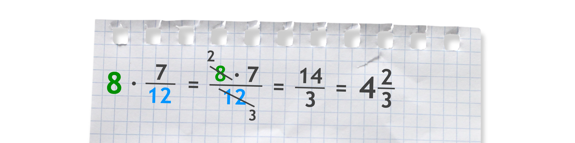Przykład: 8 razy siedem dwunastych (po skróceniu liczby 8 w liczniku z liczbą 12 w mianowniku przez 4) równa się czternaście trzecich równa się cztery całe i dwie trzecie.