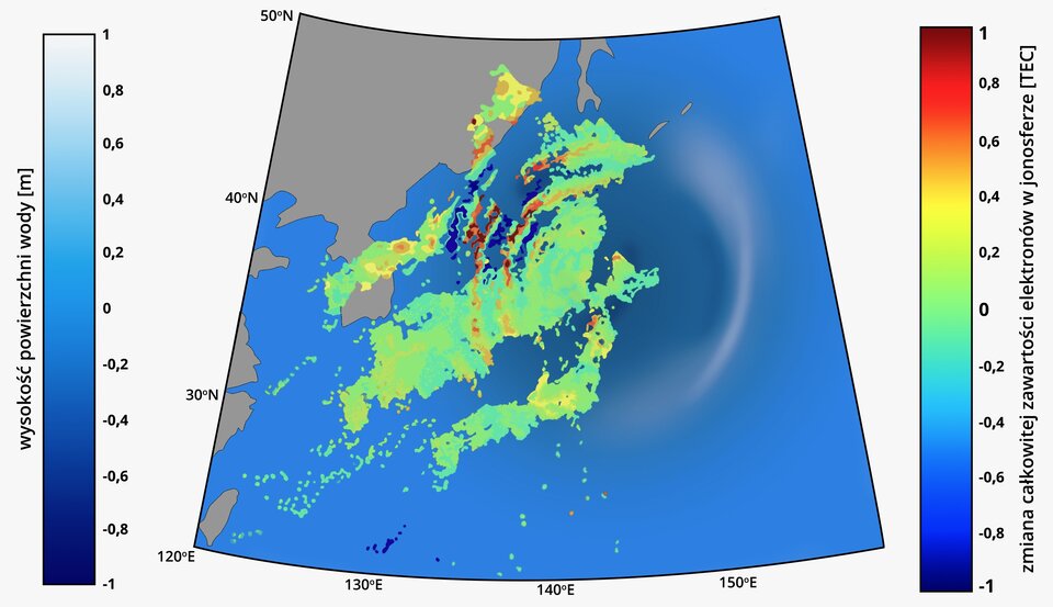 Ilustracja przedstawia rozchodzenie się fali tsunami 11 marca 2011 roku. Epicentrum oznaczono na 140 stopni długości geograficznej wschodniej, poniżej 40 stopnia szerokości geograficznej północnej. Największa wysokość powierzchni wody została oznaczona łukiem na 150 stopniu długości geograficznej wschodniej. Wysokość ta to około 1 metr, najniższa wysokość powierzchni wody znajdowała się na 130 stopniu długości geograficznej wschodniej - było to około minus 1 metra. na ilustracji oznaczono też zmianę całkowitej zwartości elektronów w jonosferze za pomocą kolorowych plam między 140 a 130 stopniem długości geograficznej wschodniej. Plamy te układają się mniej więcej po łukach. 
