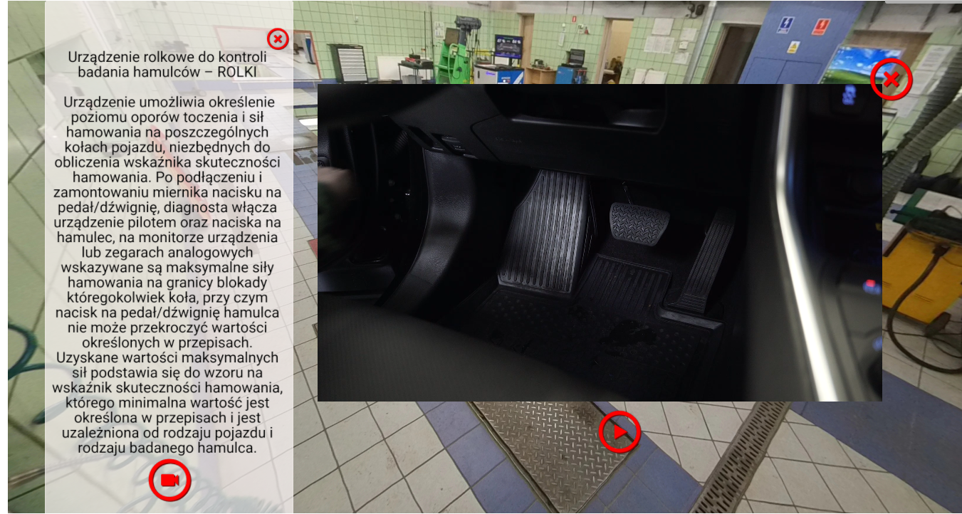 Przykładowy ekran wirtualnego spaceru z tekstem informacyjnym i filmem