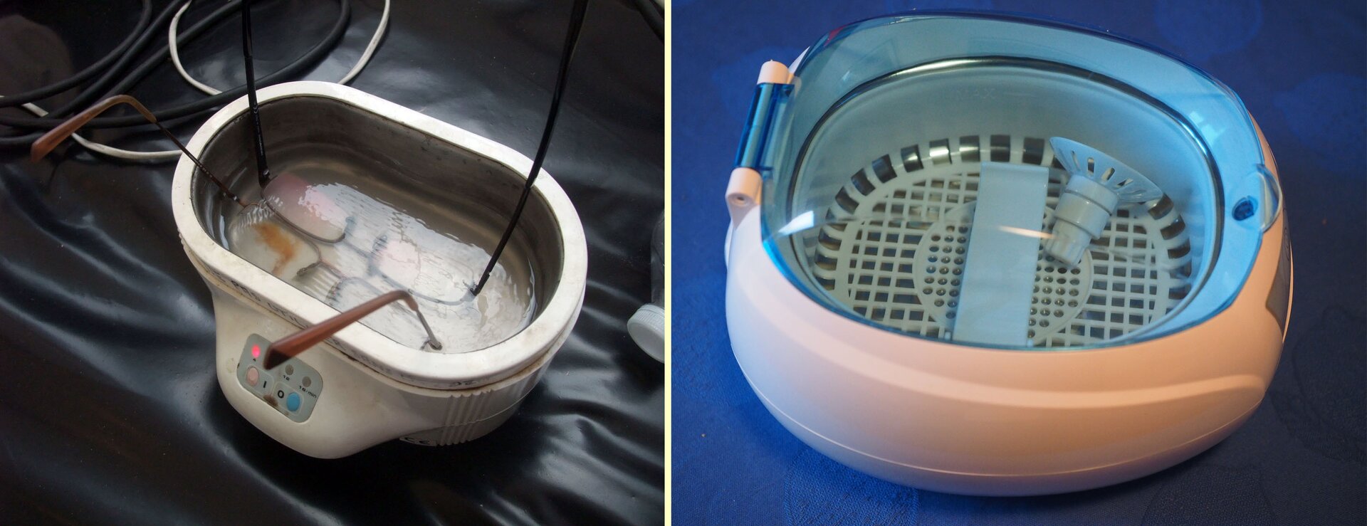 Ilustracja przedstawia dwa zdjęcia myjek ultradźwiękowych. Mają one formę otwartego owalnego pojemnika, w którym można czyścić na przykład okulary. Wewnątrz pojemnika widoczny płyn.