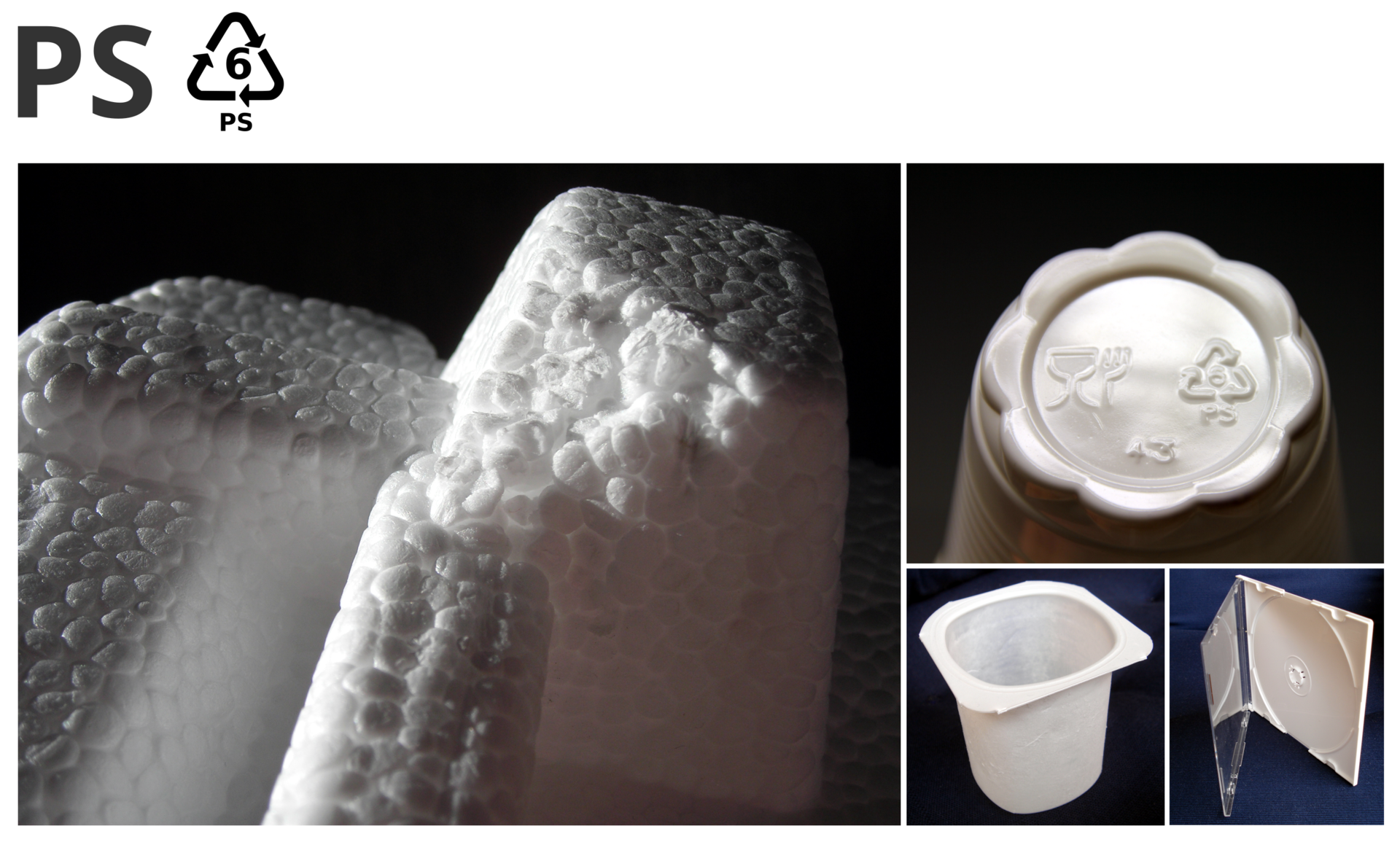 Zdjęcie pokazuje nam przykłady wykorzystania polistyrenu a są nimi: styropian i różnego rodzaju opakowania.