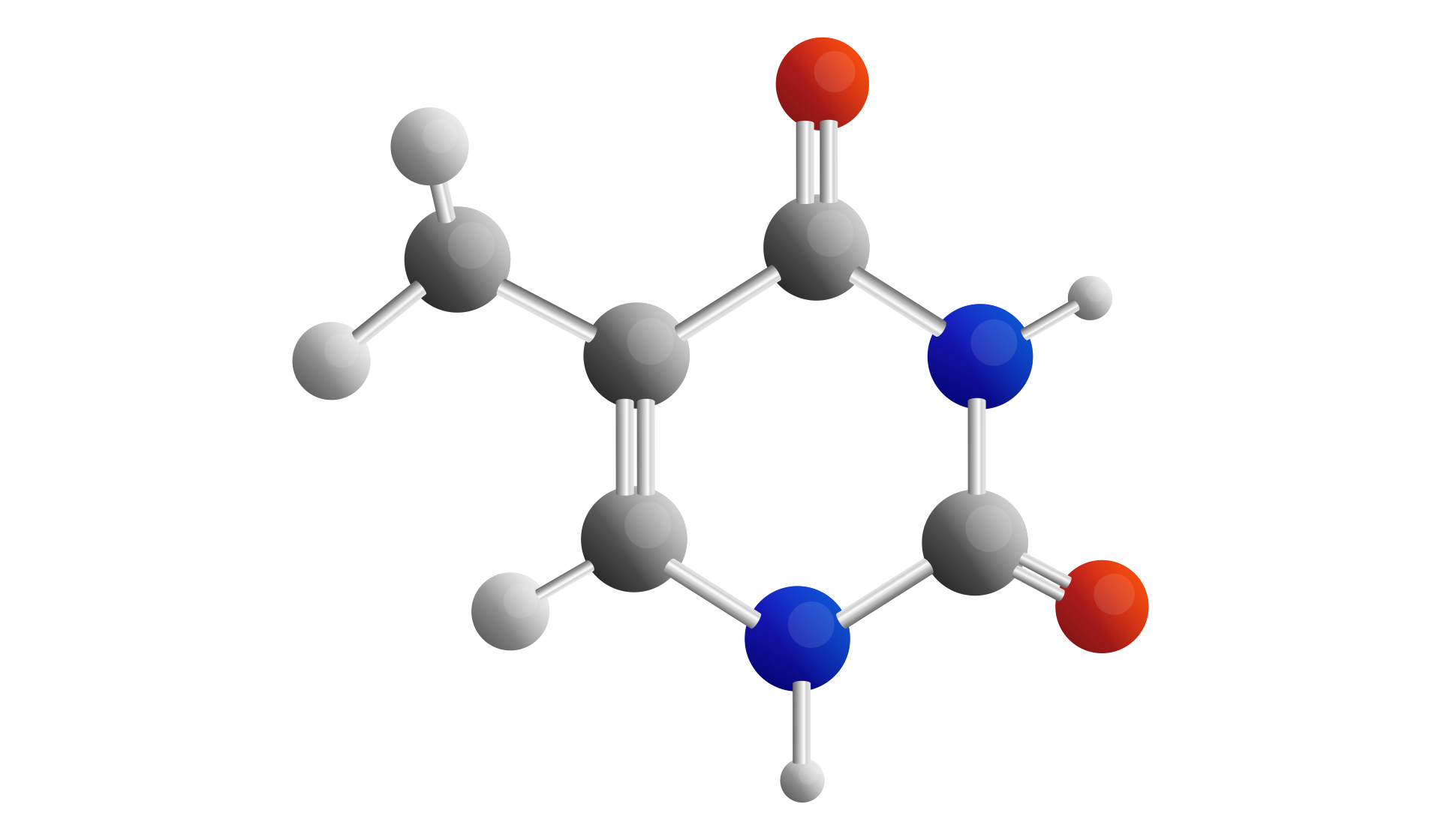 Ilustracja cząsteczki. Sześć kulek jest ułożonych w wierzchołkach sześciokąta, połączone są wiązaniami pojedynczymi, z wyjątkiem jednej pary. Licząc od górnego wierzchołka, zgodnie z ruchem wskazówek zegara. Pierwsza kulka jest szara, odchodzi od niej pionowo w górę podwójne wiązanie do trochę mniejszej, czerwonej kulki. Druga kulka jest niebieska. Odchodzi od niej pod kątem około czterdziestu pięciu stopni od poziomu pojedyncze wiązanie do malutkiej białej kulki. Trzecia kulka jest szara, odchodzi od niej podwójne wiązanie pod kątem około trzystu dwudziestu stopni do trochę mniejszej, czerwonej kulki. Czwarta kulka jest niebieska. Odchodzi od niej pionowo w dół pojedyncze wiązanie do malutkiej białej kulki. Piąta kulka jest szara, odchodzi od niej pojedyncze wiązanie pod kątem około dwustu dwudziestu pięciu stopni do mniejszej, białej kulki. Szósta kulka jest szara, połączona jest z piątą podwójnym wiązaniem. Odchodzi od niej pod kątem około stu trzydziestu pięciu stopni pojedyncze wiązanie do takiej samej kulki, od której odchodzą dwa wiązania do mniejszych, białych kulek. Te trzy ostatnie wiązania znajdują się pod mniej więcej takimi samymi kątami od siebie.
