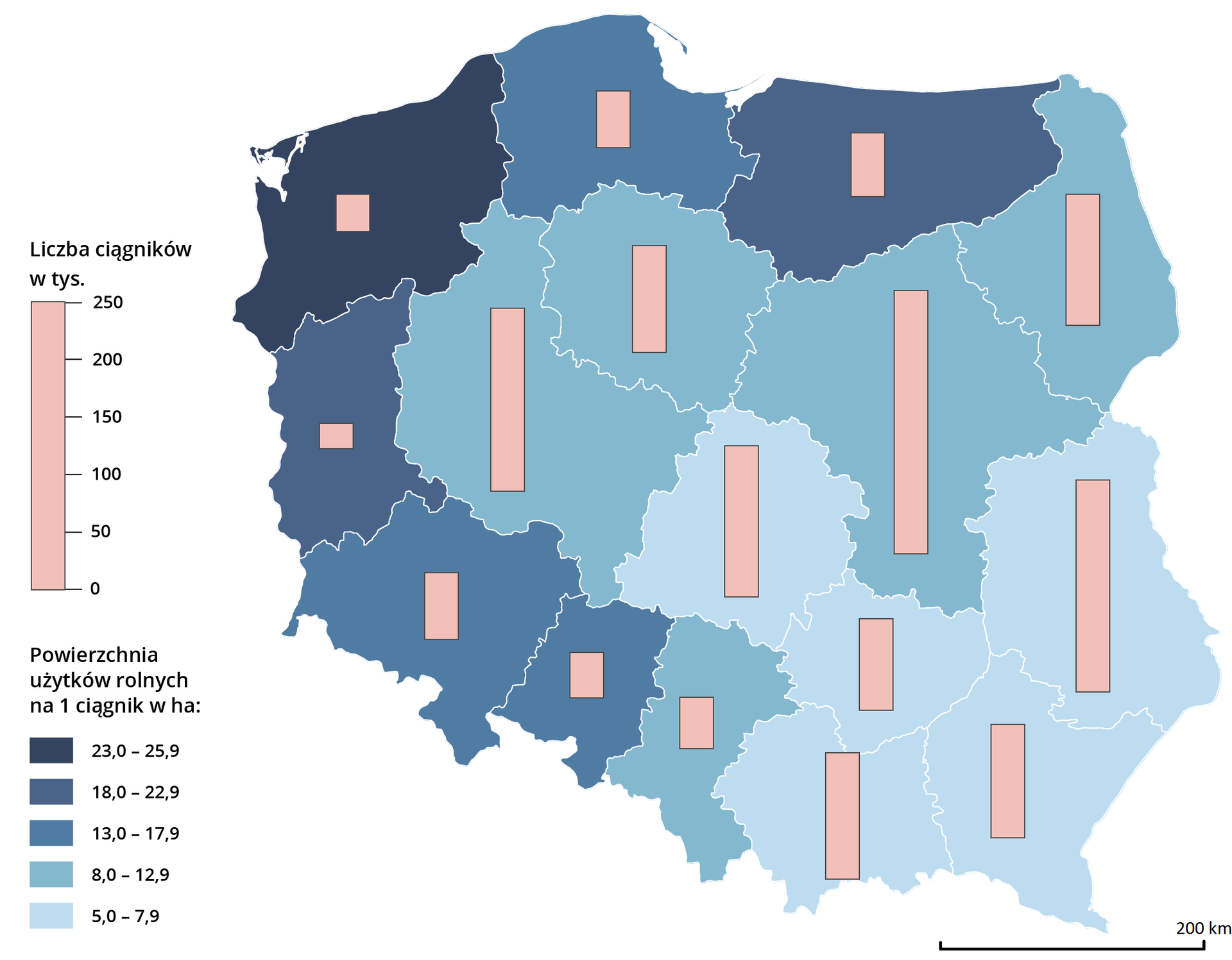 Mapa Polski przedstawia ilość ciągników rolniczych. Powierzchnia użytków na 1 ciągnik w województwie zachodniopomorskim wynosi od 23 do 25,9. Liczba ciągników wynosi poniżej 50 tysięcy. W województwie pomorskim powierzchnia na 1 ciągnik wynosi od 13 do 17,9 hektarów. Liczba ciągników wynosi około 50 tysięcy. W województwie warmińsko mazurskim powierzchnia użytków rolnych na 1 ciągnik wynosi od 18 do 22,9 hektarów. Liczba ciągników wynosi około 50 tysięcy. W województwie lubuskim powierzchnia użytków rolnych na 1 ciągnik wynosi od 18 do 22,9 hektarów. Liczba ciągników wynosi około 20 tysięcy. W województwie dolnośląskim powierzchnia użytków rolnych na 1 ciągnik wynosi od 13 do 17,9 hektarów. Liczba ciągników wynosi około 50 tysięcy. W województwie opolskim powierzchnia użytków rolnych na 1 ciągnik wynosi od 13 do 17,9 hektarów. Liczba ciągników wynosi poniżej 50 tysięcy. W województwie śląskim powierzchnia użytków rolnych na 1 ciągnik wynosi od 8 do 12,9 hektarów. Liczba ciągników wynosi poniżej 50 tysięcy. W województwie wielkopolskim powierzchnia użytków rolnych na 1 ciągnik wynosi od 8 do 12,9 hektarów. Liczba ciągników wynosi około 150 tysięcy. W województwie kujawsko pomorskim powierzchnia użytków rolnych na 1 ciągnik wynosi od 8 do 12,9 hektarów. Liczba ciągników wynosi około 100 tysięcy. W województwie mazowieckim powierzchnia użytków rolnych na 1 ciągnik wynosi od 8 do 12,9 hektarów. Liczba ciągników wynosi około 250 tysięcy. W województwie podlaskim powierzchnia użytków rolnych na 1 ciągnik wynosi od 8 do 12,9 hektarów. Liczba ciągników wynosi około 100 tysięcy. W województwie łódzkim powierzchnia użytków rolnych na 1 ciągnik wynosi od 5 do 7,9 hektarów. Liczba ciągników wynosi około 100 tysięcy. W województwie świętokrzyskim powierzchnia użytków rolnych na 1 ciągnik wynosi od 5 do 7,9 hektarów. Liczba ciągników wynosi powyżej 50 tysięcy. W województwie małopolskim powierzchnia użytków rolnych na 1 ciągnik wynosi od 5 do 7,9 hektarów. Liczba ciągników wynosi około 100 tysięcy. W województwie podkarpackim powierzchnia użytków rolnych na 1 ciągnik wynosi od 5 do 7,9 hektarów. Liczba ciągników wynosi około 100 tysięcy. W województwie lubelskim powierzchnia użytków rolnych na 1 ciągnik wynosi od 5 do 7,9 hektarów. Liczba ciągników wynosi około 150 tysięcy.
