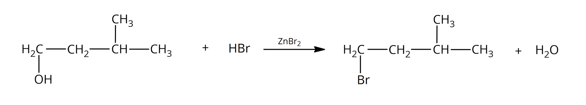 Ilustracja przedstawia równanie: <math aria‑label="H O — C H indeks dolny, dwa, koniec indeksu dolnego, — C H indeks dolny, dwa, koniec indeksu dolnego, — C H nawias, C H indeks dolny, trzy, koniec indeksu dolnego, zamknięcie nawiasu, — C H indeks dolny, trzy, koniec indeksu dolnego, plus, H B r zet en B r indeks dolny, dwa, koniec indeksu dolnego, / temperatura powyżej, strzałka w prawo, B r — C H indeks dolny, dwa, koniec indeksu dolnego, — C H indeks dolny, dwa, koniec indeksu dolnego, — C H nawias, C H indeks dolny, trzy, koniec indeksu dolnego, zamknięcie nawiasu, — C H indeks dolny, trzy, koniec indeksu dolnego, plus, H indeks dolny, dwa, koniec indeksu dolnego, O">HO—CH2—CH2—CHCH3—CH3+HBr→ZnBr2/temperaturaBr—CH2—CH2—CHCH3—CH3+H2O.