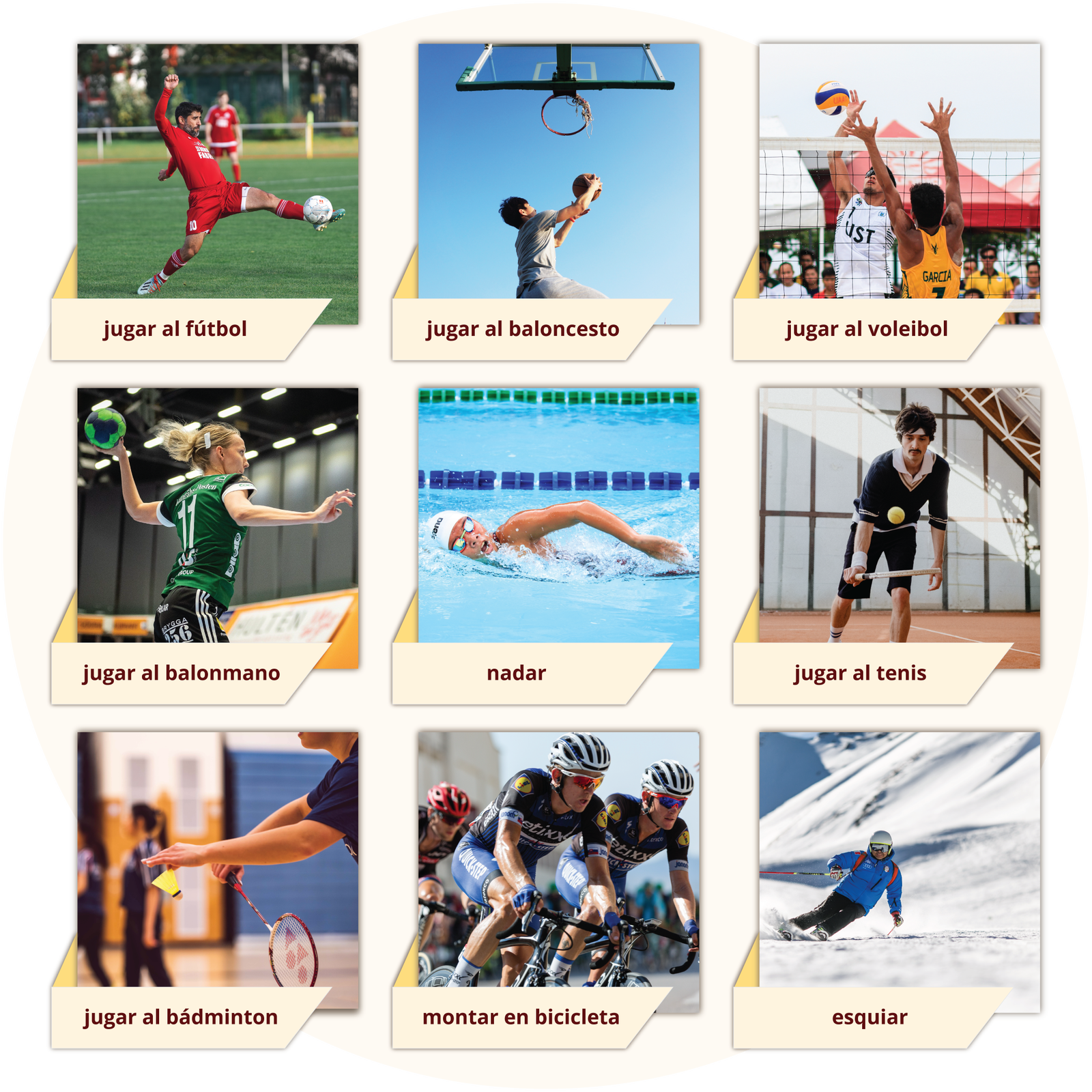 Grafika przedstawia zdjęcia różnych aktywności sportowych z podpisami: piłka nożna - jugar al fútbol, koszykówka - jugar al baloncesto, siatkówka - jugar al voleibol, piłka ręczna - jugar al balonmano, pływanie - nadar, tenis - jugar al tenis, badminton - jugar al bádminton, kolarstwo - montar en bicicleta, narciarstwo - esquiar.