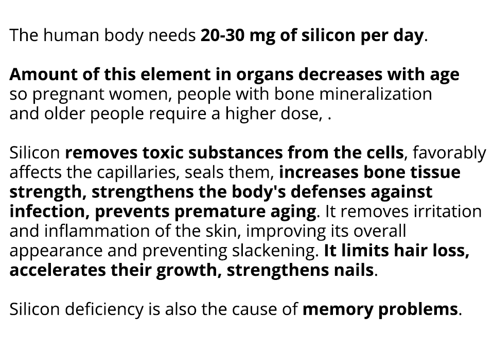 Ilustracja zawiera tekst: Ludzkie ciało każdego dnia potrzebuje 20-30 mg krzemu w postaci związków. Ilość tego pierwiastka w organizmie spada z wiekiem, dlatego kobiety w ciąży, ludzie z osteoporozą i ludzie starsi powinni przyjmować większą dawkę. Krzem usuwa substancje toksyczne z komórek, wpływa korzystnie na naczynia włosowate, uszczelnia je, zwiększa siłę tkanki kostnej, wzmacnia obronę organizmu przed infekcją, zapobiega przedwczesnemu starzeniu się, usuwa podrażnienia i stany zapalne skóry, poprawiając ogólny wygląd i zapobiegając rozstępom, ogranicza wypadanie włosów, przyspiesza ich wzrost, wzmacnia paznokcie. Niedobór krzemu jest również przyczyną problemów z pamięcią