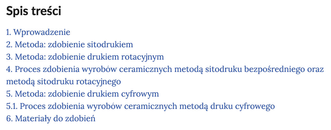 Grafika przedstawia widok spisu treści, przykładowy element planszy interaktywnej.