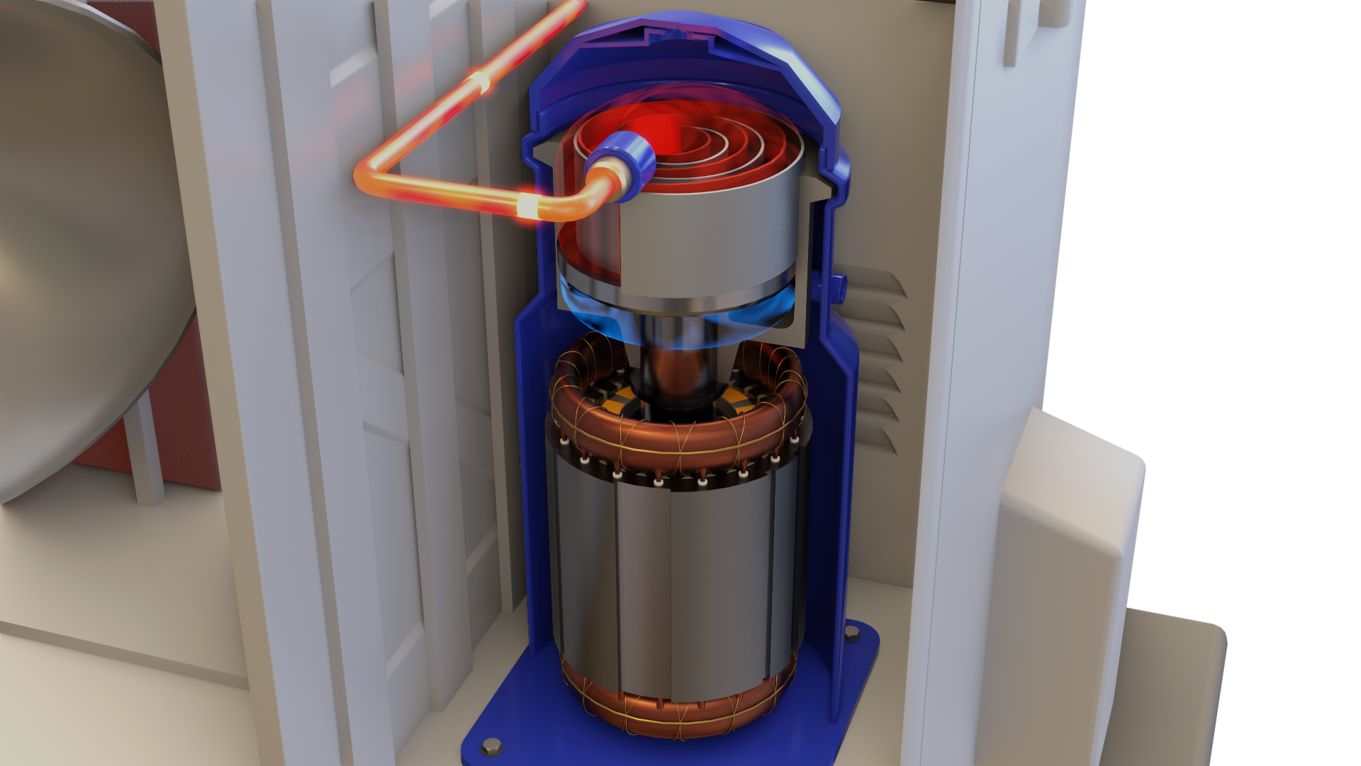 Grafika przedstawia sprężarkę. Do urządzenia podłączona jest metalowa rurka.
Opisy prezentowanych na grafikach obiektów są załączone w treści.