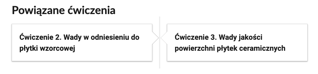 Zrzut ekranu przedstawiający nawigację po lekcji. Na ilustracji jest napis Powiązane ćwiczenia. Ćwiczenie 2. Wady w odniesieniu do płytki wzorcowej. Ćwiczenie 3. Wady jakości powierzchni płytek ceramicznych.
