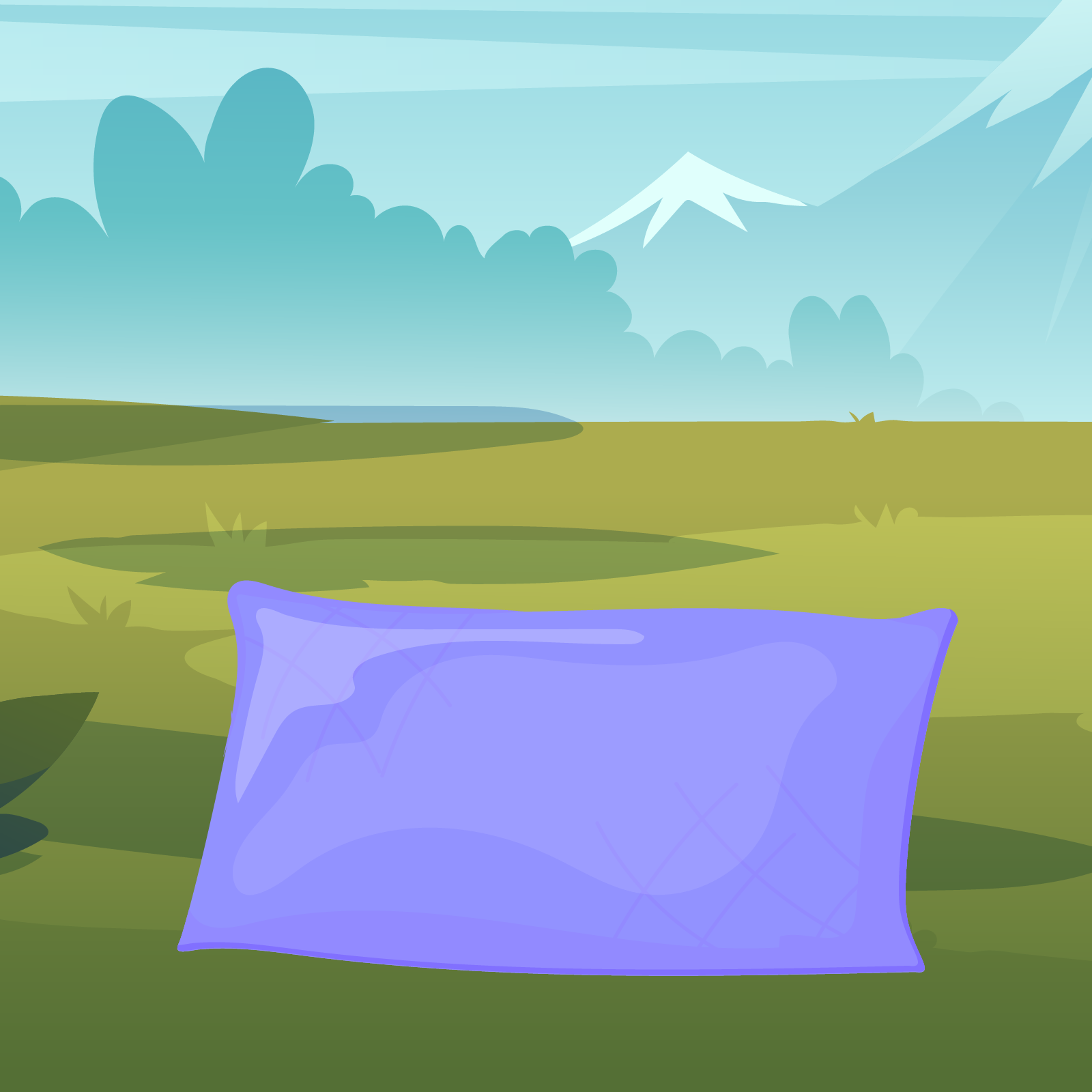 Ilustracja przedstawia zieloną polanę, na której leży fioletowa poduszka, z czterema rogami. W tle widać ośnieżone szczyty gór. 