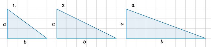 Rysunek przedstawia trzy trójkąty prostokątne. Pierwszy trójkąt ma wysokość A długości trzech kratek i podstawę B długości czterech kratek. Drugi trójkąt ma wysokość A długości trzech kratek i podstawę B długości sześciu kratek. Trzeci trójkąt ma wysokość A długości trzech kratek i podstawę B długości ośmiu kratek.