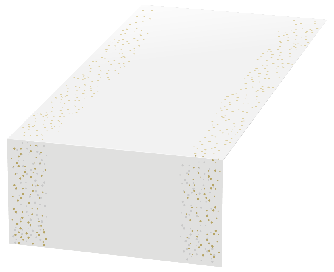 Zdjęcie przedstawia przykładowy biały bieżnik, z dekoracją w postaci różnej wielkości złotych kropek wzdłuż jego dłużych krawędzi.