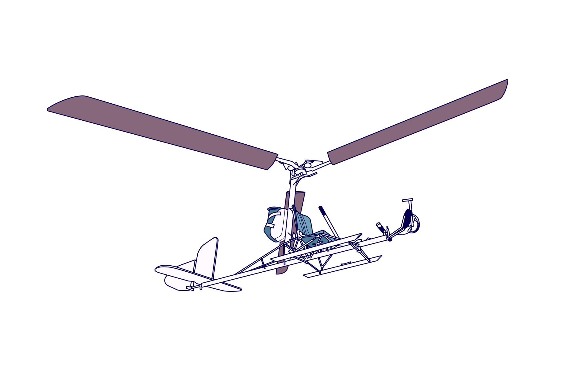 Ilustracja przedstawia przykład wiroszybowca. Składa się on z otwartej ramy z płozami, na której osadzony jest fotel pilota, urządzenia sterownicze oraz ogon z usterzeniem. Na szczycie ramy zamontowane jest śmigło o trzech szerokich łopatach.