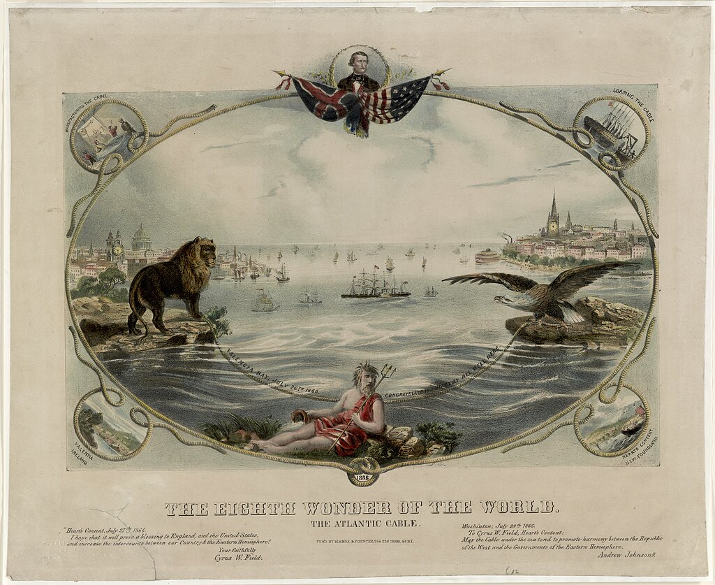 Ilustracja przedstawia zatokę po której pływają statki. Po obu stronach na brzegach stoją lew i orzeł. Między nimi rozwieszony jest sznur. Po środku sznura na wodzie siedzi półnagi mężczyzna z trójzębem w ręku i rozgląda się. Całość otoczona jest owalną ramką, gdzie po rogach widać cztery różne rysunki przedstawiające statek ludzi i dwa lądy. Na górze ramki widać portret mężczyzny i dwie flagi zwisające pod nim: Wielkiej Brytanii i Stanów Zjednoczonych.