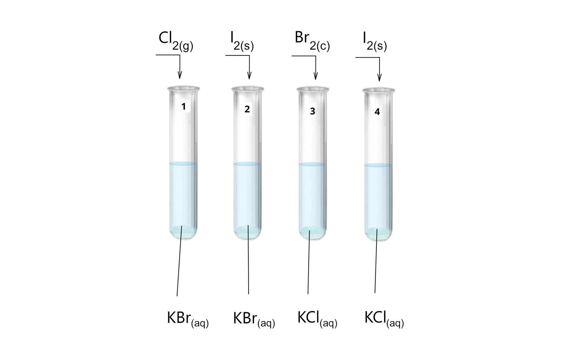 Ilustracja przedstawia cztery probówki, w których znajdują się roztwory. W pierwszej i drugiej znajdują się roztwory bromku potasu. Do pierwszej dodano chlor, a do drugiej jod. W trzeciej i czwartej probówce znajdują się roztwory chlorku potasu. Do trzeciej dodano brom, do czwartej jod.