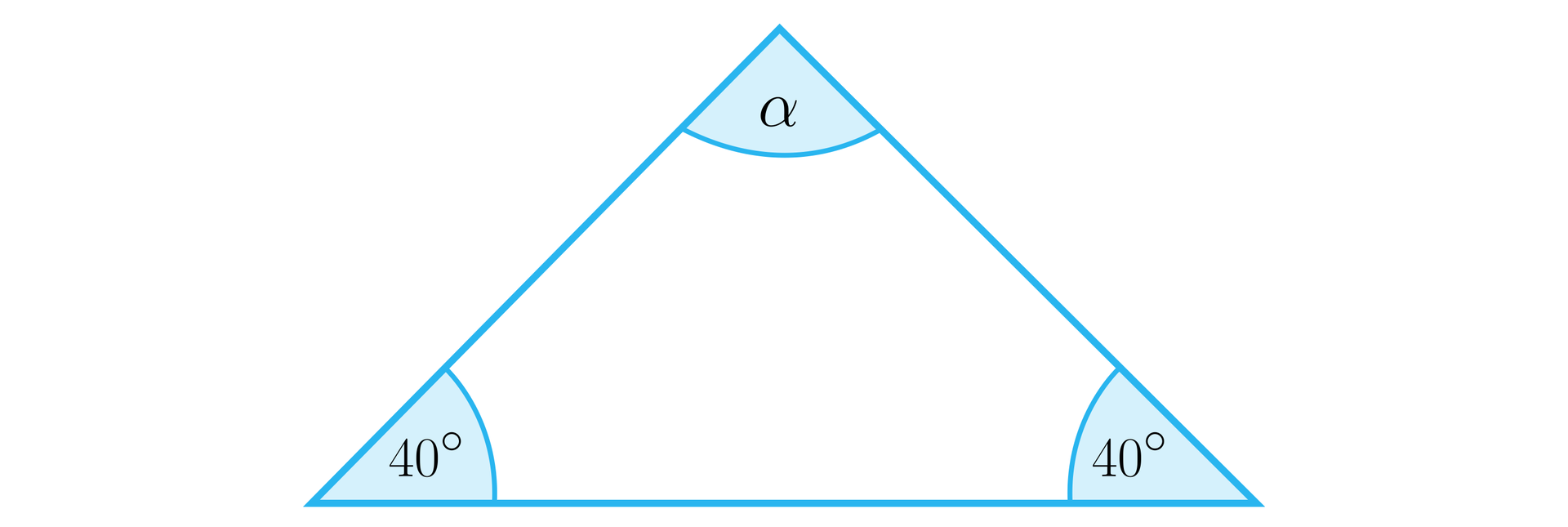  Ilustracja przedstawia trójkąt, w którym każdy z dwóch kątów przy podstawie ma miarę 40 stopni, a kąt między ramionami podpisano literą alfa.