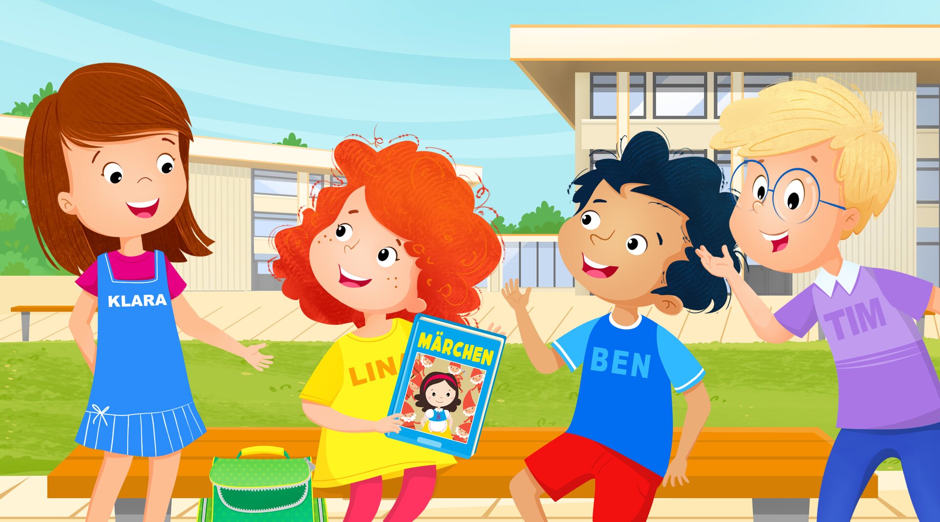 Ilustracja przedstawia czwórkę dzieci. To Klara, Lina Ben i Tim. Lina i Ben siedzą na ławce. Lina pokazuje pozostałym książkę z bajkami.