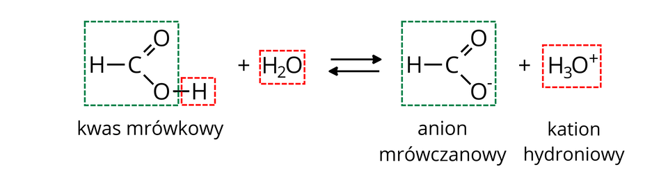 Ilustracja przedstawia równanie reakcji. Od lewej H wiązanie pojedyncze C. Od C odchodzi wiązanie podwójne do O znajdującego się u góry i po prawej w stosunku do C oraz wiązanie pojedyncze do O znajdującego się na dole i po prawej stronie w stosunku do C. Grupa ta znajduje się w ramce z zielonej, przerywanej linii. Od dolnego O odchodzi w prawą stronę wiązanie pojedyncze do H. H znajduje się w ramce z czerwonej przerywanej linii. Pod spodem podpis kwas mrówkowy. Dalej znak plus i H indeks dolny, dwa, koniec indeksu dolnego, O oraz dwie strzałki z grotem skierowanym w lewo i w prawo leżące równolegle do siebie. Za strzałkami znajduje się H wiązanie pojedyncze C. Od C odchodzi wiązanie podwójne do O znajdującego się u góry i po prawej w stosunku do C oraz wiązanie pojedyncze do O znajdującego się na dole i po prawej stronie w stosunku do C. Przy znaku O, w indeksie górnym, umieszczony jest znak minus. Cała ta grupa znajduje się w ramce z zielonej, przerywanej linii. Pod spodem podpis anion mrówczanowy. Po prawej stronie plus. Za nim H indeks dolny, trzy, koniec indeksu dolnego, O indeks górny, plus, koniec indeksu górnego w czerwonej ramce z przerywanej linii. Pod spodem podpis kation hydroniowy.