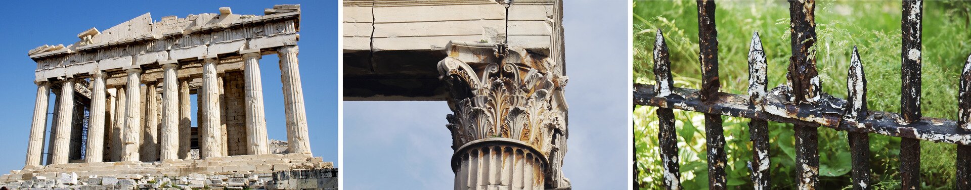 Skutki upływu czasu oraz czynników środowiska na budowle i elementy wykonane ze stali. Kamienie miejscami się kruszą. Mury budynków mają ubytki. Stal wygląda jakby była nadgryziona, ma poszarpaną powierzchnię zamiast gładkiej.