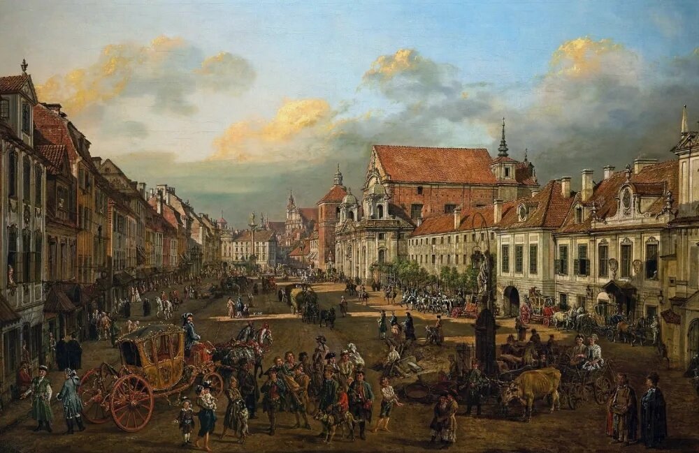 Obraz przedstawia Warszawę. Na pierwszym planie, po lewej stronie, znajduje się tłum ludzi z karetą zaprzężoną w konie. Po prawej jest fontanna a przed nią woły. Szeroka ulica ciągnie się środkiem obrazu. Po obu stronach są głównie białe kamienice oraz kościół. Niebo jest lekko zachmurzone.