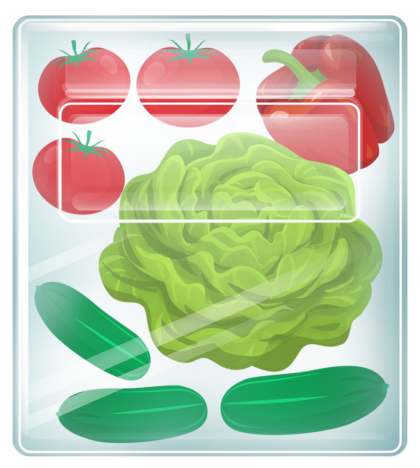 Ilustracja przedstawia pomidory, paprykę, ogórki oraz sałatę w pojemniku. 