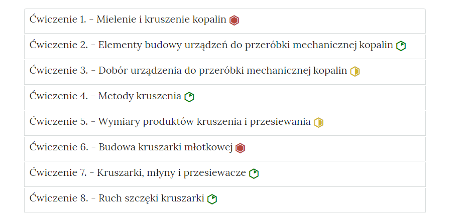 Zdjęcie przedstawia przykładowy wygląd zakładek zawierających interaktywne materiały sprawdzające. Składają się one z prostokątnych paneli umieszczonych jeden pod drugim. Każdy panel posiada numer oraz tytuł, który nawiązuje do zawartego w nim zadania.