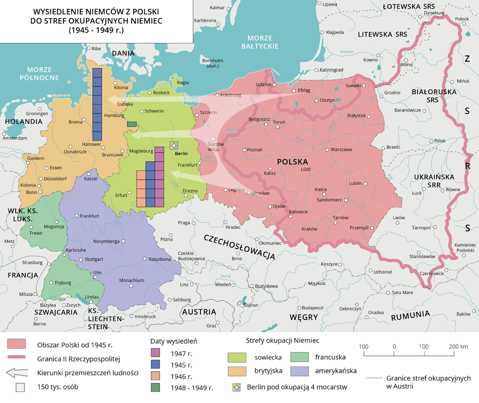 Mapa Europy z lat 1945‑1949 z oznaczonymi państwami: Niemcy, Polska, Czechosłowacja, Austria, Węgry, Rumunia, ZSRR. W obszarze Niemiec widać podział na cztery strefy (amerykańską, sowiecką, brytyjską, francuską). W strefie zachodniej (brytyjskiej) są słupki oznaczające liczbę wysiedleń roku 1945 i 1948 -1949. W strefie wschodniej (sowieckiej) są trzy słupki oznaczające liczbę wysiedleń w latach kolejno 1945, 1946, 1947. Na słupkach nie ma podanych wartości liczbowych.