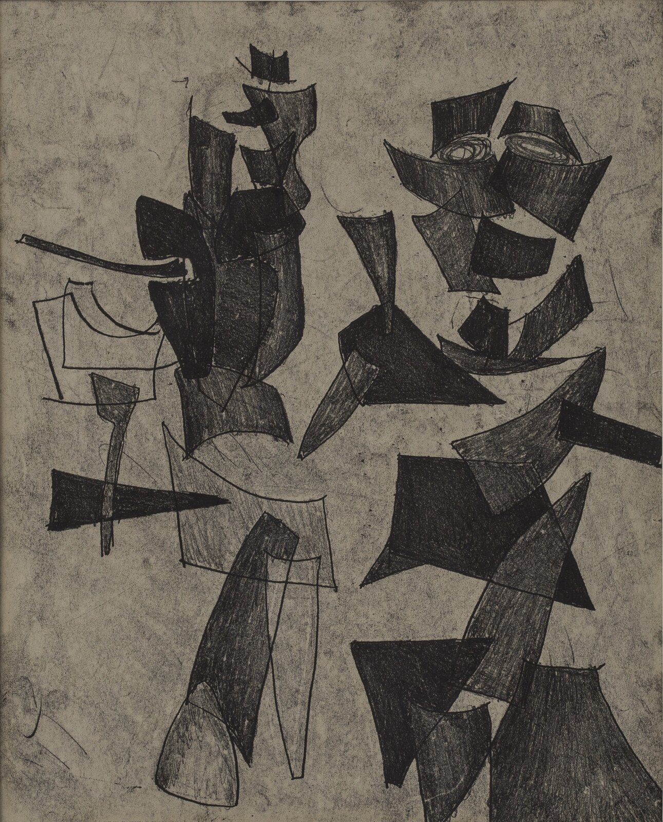 Dzieło autorstwa Marii Jaremy pod tytułem „Formy” przedstawia abstrakcyjną pracę, na której znajdują się figury i plamy o nieregularnym kształcie. Większość z nich to formy przypominające czworoboki lub nierówne trójkąty, lecz można zauważyć również inne kształty. Różnią się one wielkością oraz kolorem – zauważalne są różne odcienie szarości.  Tło jest jasnoszare, z odbarwieniami przypominającymi zabrudzony papier. 