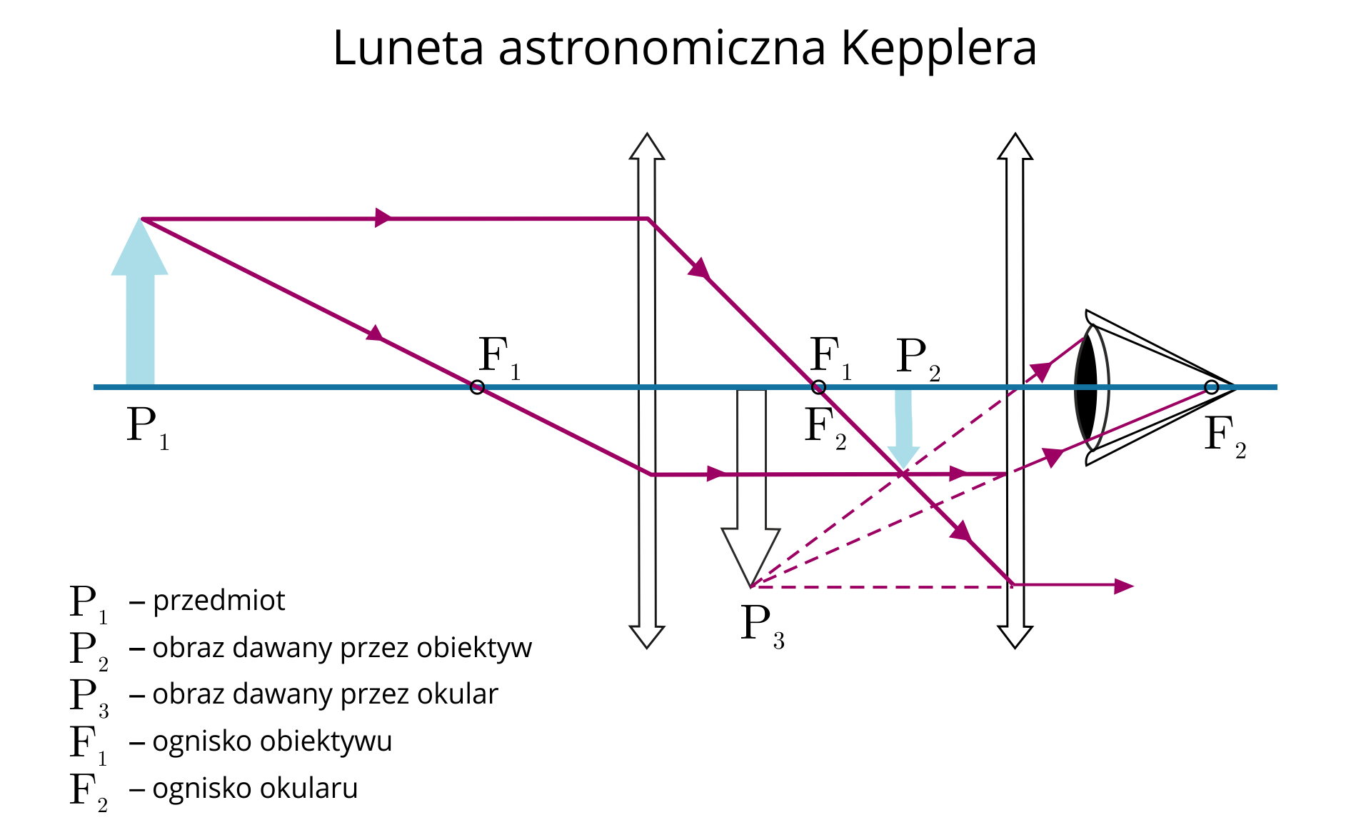 Schemat przedstawiający działanie lunety astronomicznej Keplera. Przedmiot, dwie soczewki i oko ludzkie na jednej linii. Od czubka przedmiotu poprowadzono dwie linie. Jedna linia pada prostopadle na soczewkę obiektywu, na niej ugina się i przebiega przez jej ognisko aż do soczewki obiektywu. Druga linia przebiega przez ognisko przed obiektywem, a na soczewce ugina się tak, że tworzy z nią kąt prosty. W przecięciu się linii znajduje się czubek obrazu dawanego przez obiektyw - pomniejszony i odwrócony. Narysowano również linię przechodzącą przez czubek obrazu i środek soczewki okularu aż do oka, linię od czubka obrazu, prostopadłą do soczewki okularu i uginającą się na niej tak, że pada na ognisko, w którym znajduje się oko, oraz linię prostopadłą do soczewki, na wysokości gdzie linia przedmiotu ugięta na soczewce obiektywu i przechodząca przez ognisko między soczewkami, przecina się z soczewką okularu. Przecięcie trzech ostatnich linii tworzy obraz dawany przez okular - względem obrazu dawanego przez obiektyw powiększony.