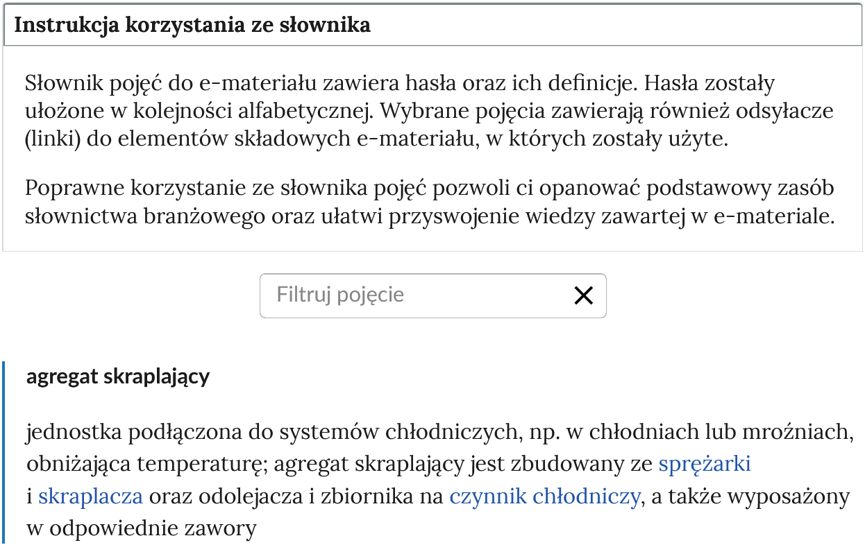 Przykładowy widok otwartej zakładki instrukcji korzystania ze słownika. Pod nazwą zakładki znajduje się prostokątny panel filtruj pojęcie i znak iks. Na dole widoczne jest hasło wraz z definicją.
