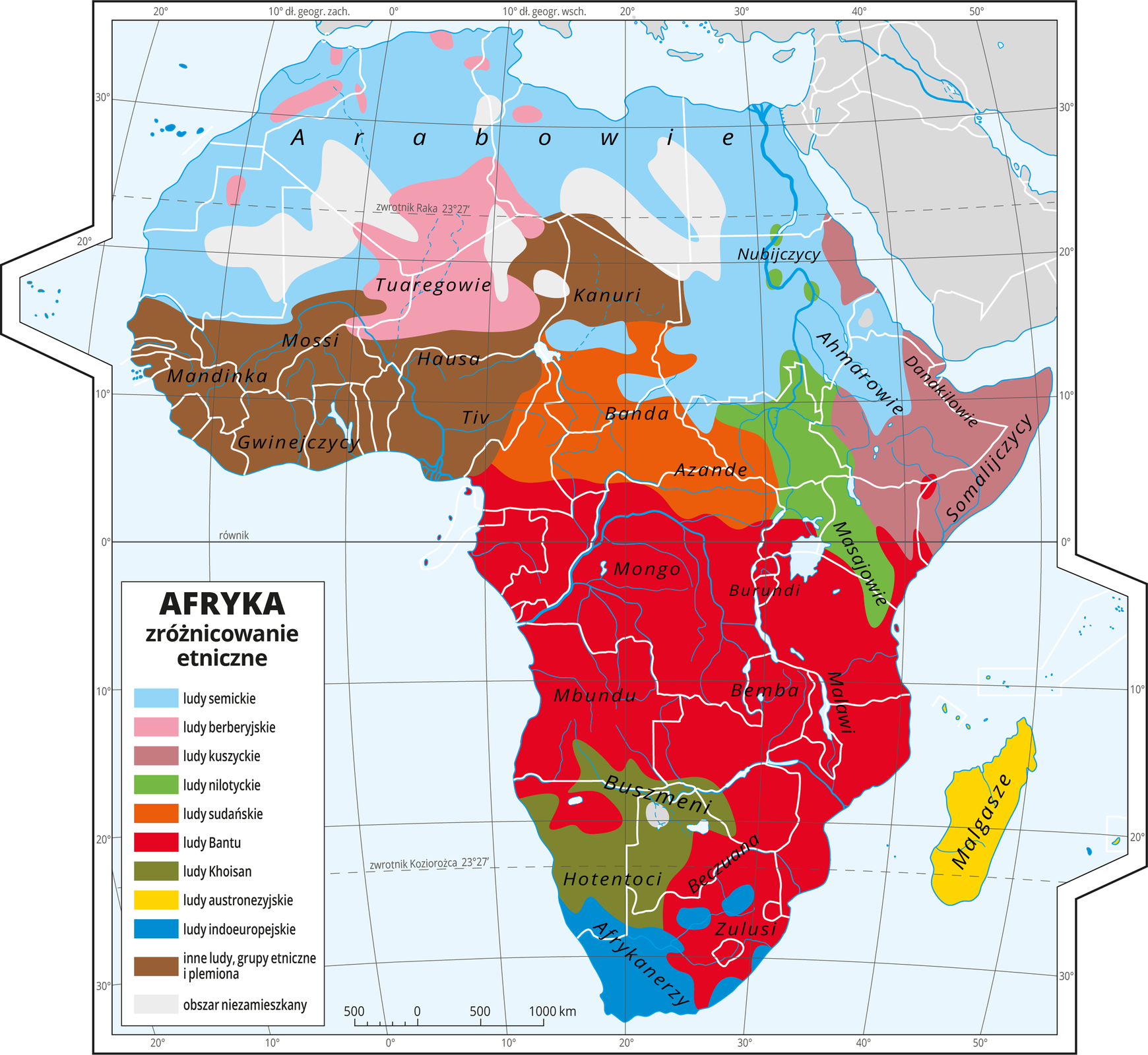 IIlustracja przedstawia mapę Afryki. Wody zaznaczono kolorem niebieskim. Na mapie przedstawiono następujące ludy: semickie, berberyjskie, kuszyckie, nilotyckie, sudańskie, Bantu, Khoisan, austronezyjskie, indoeuropejskie, oraz inne. Kolorem szarym przedstawiono obszary niezamieszkane (obszary pustynne).Na mapie za pomocą dziesięciu kolorów przedstawiono zróżnicowanie etniczne. Kolory rozłożone są nierównomiernie. Na północy przeważa kolor niebieski (ludy semickie), w centralnej części północnej Afryki, oznaczone kolorem jasno różowym zaznaczono luby berberyjskie, pod nimi na zachodnim wybrzeżu do około 15 stopnia szerokiści północnej, kolorem brązowym oznaczono inne ludy, grupy etniczne i plemiona, na wschód od nich pomiędzy równikiem i 15 stopniem szerokości północnej w centralnej części kontynentu oznaczono kolorem pomarańczowym ludy sudańskie, na wschód od nich kolorem zielonym ludy nilotyckie, na półwyspie somalijskim kolorem ciemnoróżowym ludy kuszyckie. Na południe od równika kolorem czerwonym oznaczono ludy Banatu. Na samym południu kontynentu kolorem ciemnoniebieskim oznaczono ludy indoeuropejskie a na północ od nich pomiędzy 15 a 25 stopniem szerokości południowej oznaczono kolorem ciemnozielonym ludy Khoisan. Na Madagaskarze oznaczono na żółto ludy austronezyjskie. Na mapie opisano nazwy ludów. Mapa pokryta jest równoleżnikami i południkami. Dookoła mapy w białej ramce opisano wartości długości i szerokości geograficznej co dziesięć stopni. Na dole po lewej stronie mapy objaśniono kolory użyte na mapie. 