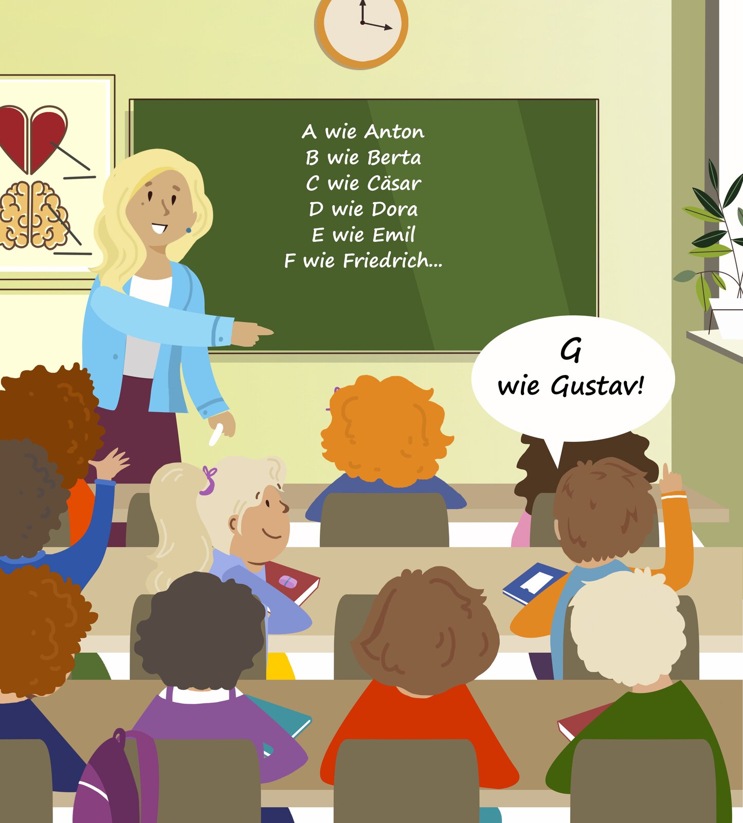 Ilustracja przedstawia scenę z lekcji w klasie. Uczniowie siedzą w swoich ławkach, a nauczycielka stoi przed tablicą, gdzie już wcześniej zapisane zostały następujące zdania:   A wie Anton, B wie Berta, C wie Cäsar, D wie Dora, E wie Emil, F wie Friedrich. Jedno z dzieci podnosi rękę.  Nauczycielka z uśmiechem wskazuje na nie, zachęcając do wypowiedzi. Treść nagrania dostępna w transkrypcji poniżej. 