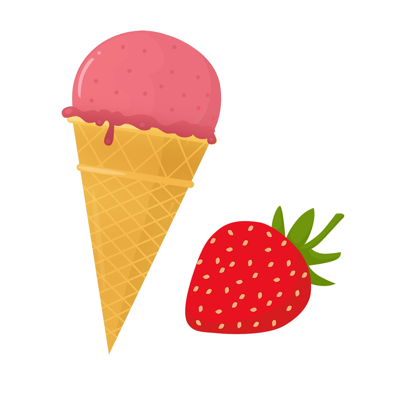 Ilustracja zawiera lody truskawkowe w wafelku.