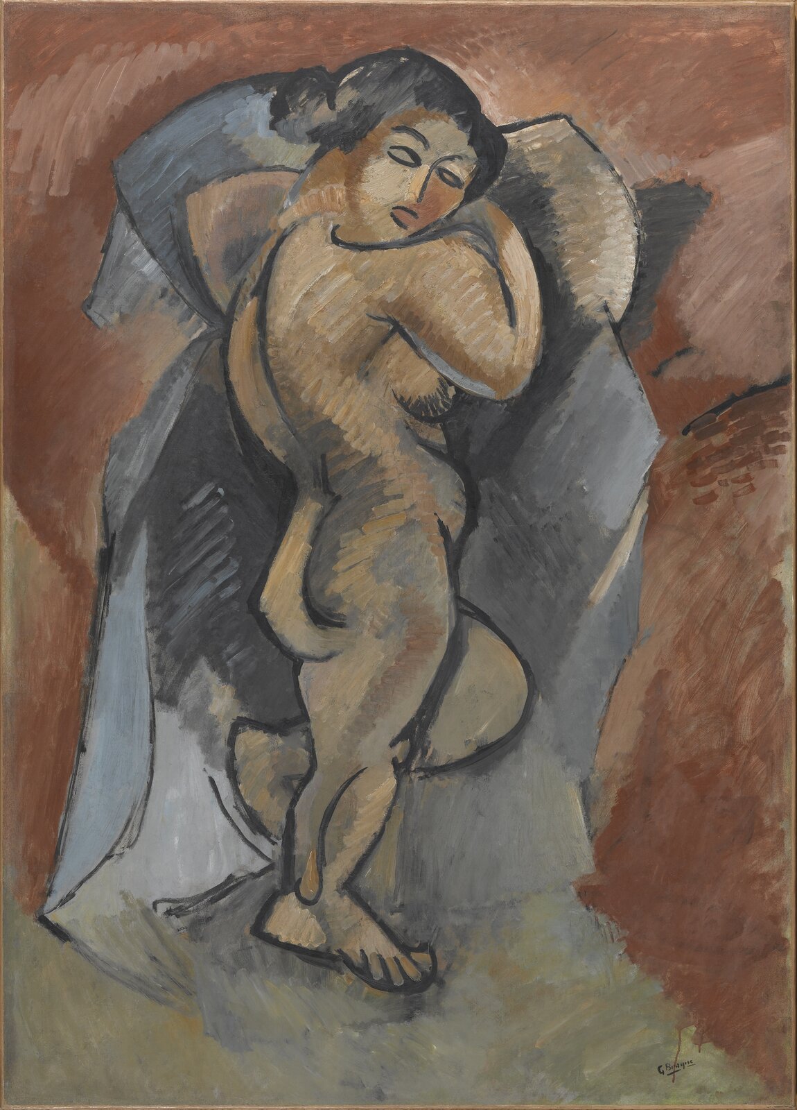 Ilustracja przedstawia obraz Georgesa Braque'a „Wielki akt”. Ukazuje nagą kobietę leżącą na łóżku, ujętą w widoku z góry. Postać ułożona jest na lewym boku, prawą rękę ma pod głową, lewa jej noga jest ugięta. Głowę ma odwróconą w stronę widza. Ciało kobiety, wypełnione żółtym kolorem z podkreślonym za pomocą niebieskich i szarych plam światłocieniem, obrysowane jest wyrazistym, czarnym konturem. Pościel na łóżku to zgeometryzowane, niebieskoszare płaszczyzny. Tło dzieła jest utrzymane w ciepłych, pomarańczowożółtych barwach.