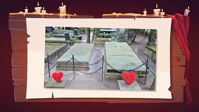 Na ilustracji widać dwa nagrobki na cmentarzu, ułożone obok siebie. Są to proste, kamienne płyty leżące płasko na ziemi. Na nagrobku po lewej stronie widoczny jest napis "RODZICE CHOPINA", częściowo zasłonięty przez pnącza lub mech. Nagrobek po prawej stronie ma wygrawerowany krzyż na górze i napis "MONIUSZKO".