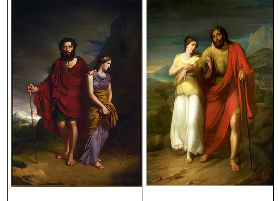 Dwa obrazy nawiązujące do postaci mitologicznych Edypa i Antygony. Z lewej strony obraz Brodowskiego, gdzie kroczący ociemniały Edyp prawą dłonią wspiera się laską, a lewą opiera o ramię Antygony. Mężczyzna patrzy przed siebie, dziewczyna na bok. Antygona ma splecione dłonie, a jej szaty są w nieładzie. Nad postaciami unoszą się ciemne chmury, które na horyzoncie rozjaśnia jedynie jasna poświata. Po prawej stronie ten sam temat opracowany przez Kokulara. Antygona podtrzymuje prawe ramię ojca, wpatrzona z troską w niego. Edyp podpierając się laską, którą dzierży w lewej dłoni, chwiejnym krokiem podąża do przodu, szukając stopami właściwego oparcia.