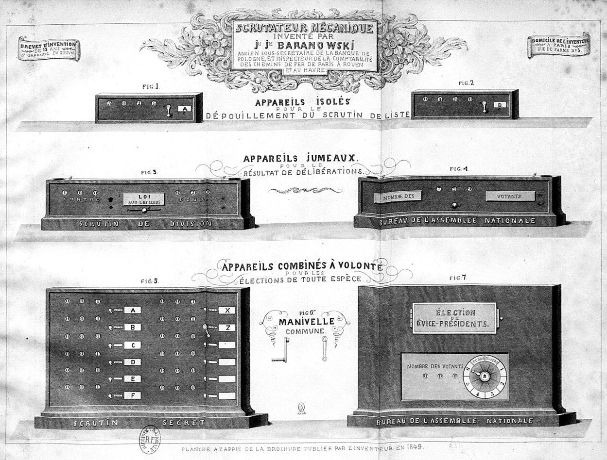 Na ilustracji sześć maszyn liczących głosy. Od najmniejszej do największej. Ustawione w dwóch rzędach. Pierwsza maszyna ma cztery otwory, gdzie wyświetlają się cyfry i kolbę oraz literę A. Obok niej podobna maszyna, ale z literą B. W kolejnym rzędzie dłuższa i wyższa maszyna. Ma 3 otwory po lewej stronie i 3 po prawej stronie, gdzie wyświetlają się cyfry. Po środku tabliczka, a na podstawie tekst. Obok podobnej wielkości maszyna, ale po środku tylko trzy otwory na cyfry. W ostatnim rzędzie wysoka maszyna składająca się z 6 rzędów cyfr po 6 cyfr w rzędzie. Obok są litery. W tym samym rzędzie maszyna o tej samej wysokości, ale z kołem wskazującym cyfry lub napisy. W górnej części obrazka nazwisko Baranowskiego - wynalazcy maszyn liczących. Nazwisko jest w ozdobnej ramce z motywami kwiatowymi.