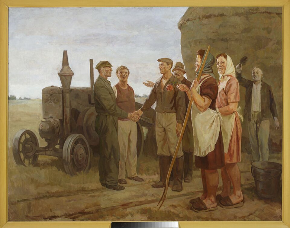 Ilustracja przedstawia obraz Juliusza Krajewskiego „Podziękowanie traktorzyście". Ukazuje on grupę wieśniaków na polu. Jeden chłop dziękuje traktorzyście uściskiem dłoni, wszyscy są uśmiechnięci. Kobieta na pierwszym planie trzyma widły, za grupą rolników widać traktor.