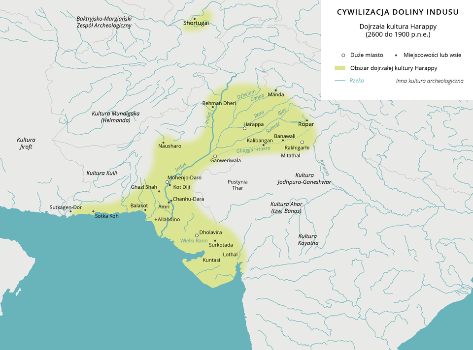 Mapa przedstawia Cywilizację Doliny Indusu w okresie dojrzałej kultury Harappy od 2600 do 1900 roku przed naszą erą. Obszar dojrzałej kultury Harrapy obejmował teren wokół miejscowości Shortugai na północy oraz dolinę Indusu z takimi dużymi miastami jak: Mohenjo‑Daro, Ganweriwala, Harappa, Rakhigarhi, Dholavira oraz miejscowościami: Sutkagen‑Dor, Sotka Koh, Balakot, Allahdino (północno‑zachodnie wybrzeże), Kuntasi, Lothal, Surkotada, Amri, Chanhu‑Dara, Kot Diji, Ghazl Shah, Nausharo, Rehman Dheri, Manda, Ropar, Banawali, Kalibangan, Rakhigarhi Mitathal. Teren ten rozciągał się na obszarze granicznym współczesnego Pakistanu i Indii.