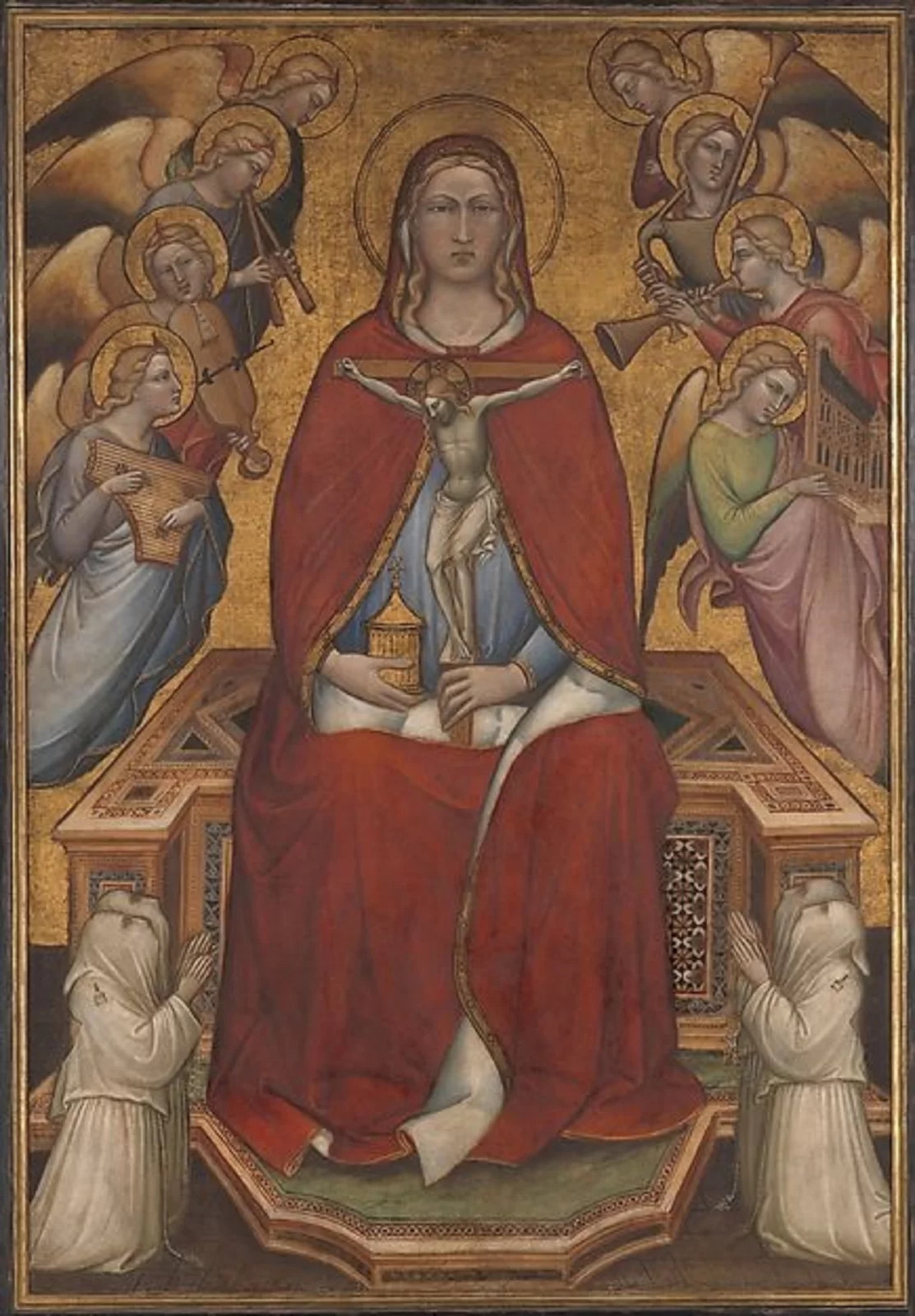 Ilustracja przedstawia obraz Spinella Aretina „Święta Maria Magdalena trzymająca krucyfiks”. W centralnej części obrazu na tronie siedzi Maria Magdalena. W lewej ręce trzyma krucyfiks, a w prawej dekoracyjne naczynie. U jej stóp klęczą małe postacie zakonników w białych szatach. Po bokach unoszą się dwie grupy aniołów i grają na różnych instrumentach. Tło jest złocone. Obraz jest symetryczny.